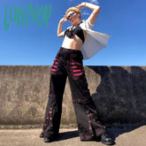 Lunivop Vintage Dark Cool Sash Webbing Corn-Eye Chain Casual Pants Contrast Color Striped Mesh